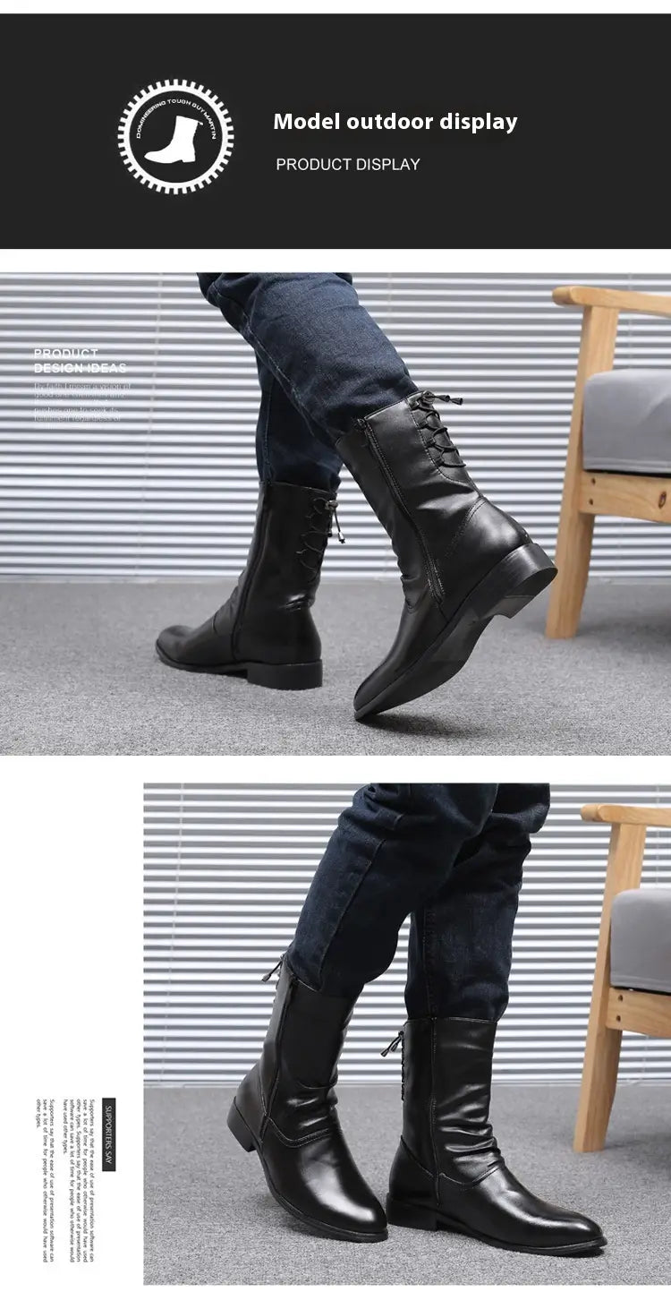 Pointed Leather Boots Men’s British Korean High-top Leather Shoes Mid-calf Length
