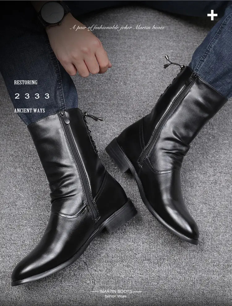 Pointed Leather Boots Men’s British Korean High-top Leather Shoes Mid-calf Length