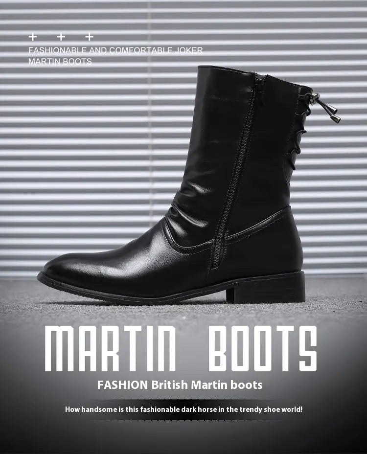 Pointed Leather Boots Men’s British Korean High-top Leather Shoes Mid-calf Length