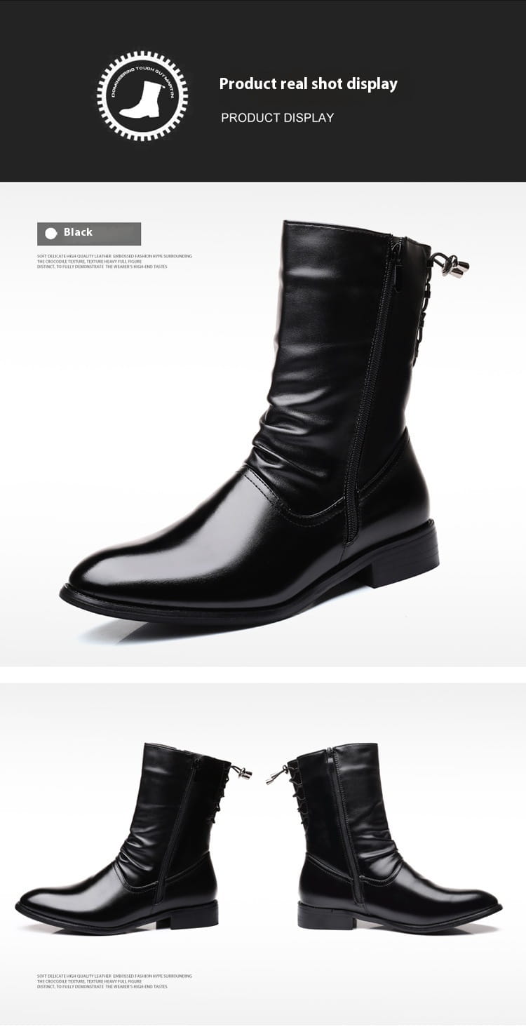 Pointed Leather Boots Men’s British Korean High-top Leather Shoes Mid-calf Length