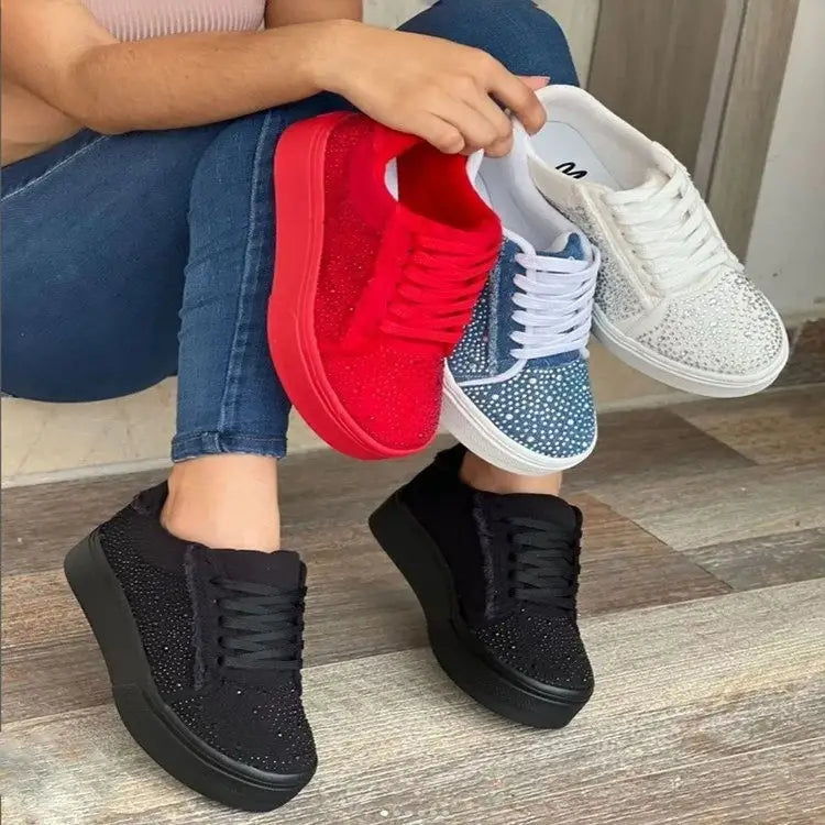 Plus Size Women’s Shoes Thick Bottom Lace-up Rhinestone Casual Sports Single-layer Shoes