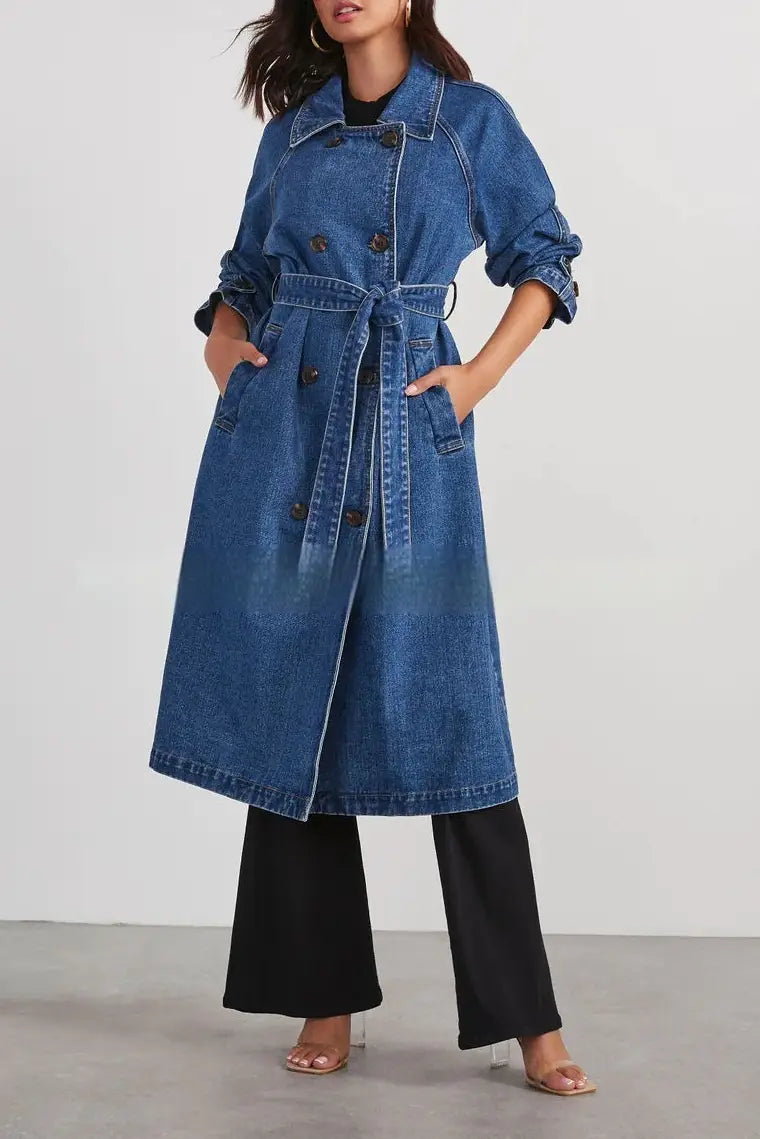 Women’s Windbreaker Denim Cotton Double Pocket Long