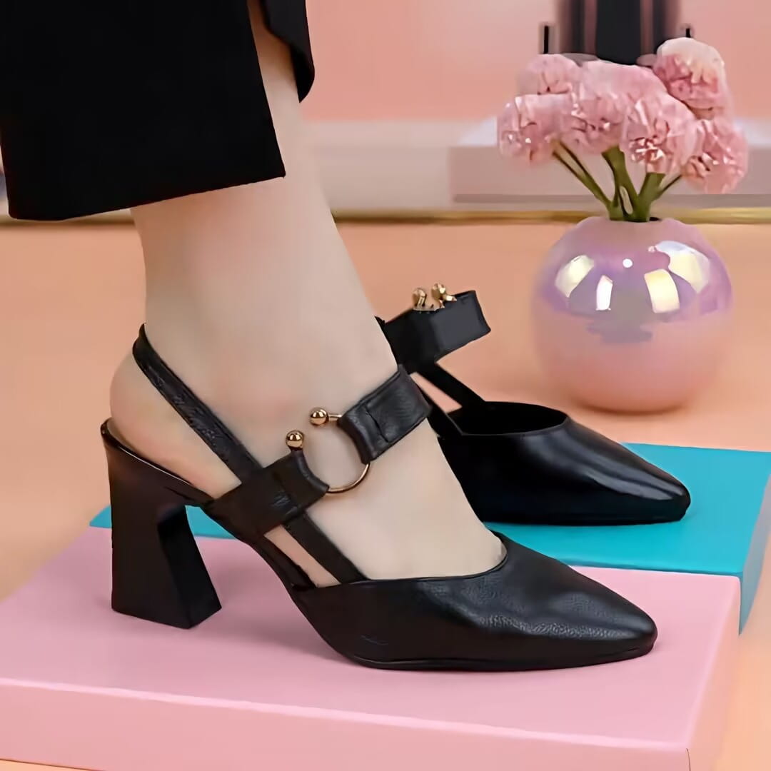 Closed Toe Back Empty Leather Chunky Heel Sandals Woman High-heeled Shoes
