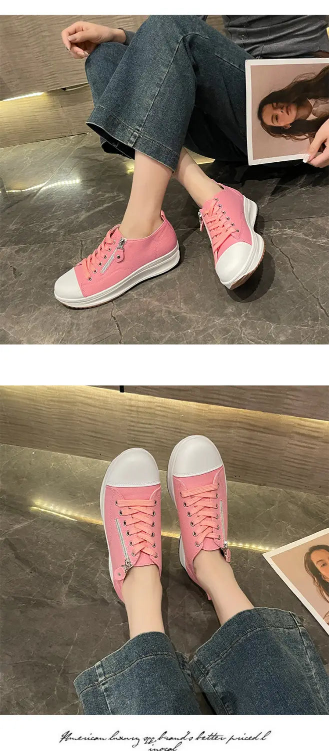 Plus Size Solid Color Low Cut Fashion Round Head Lace-up Platform Women’s Casual Pumps