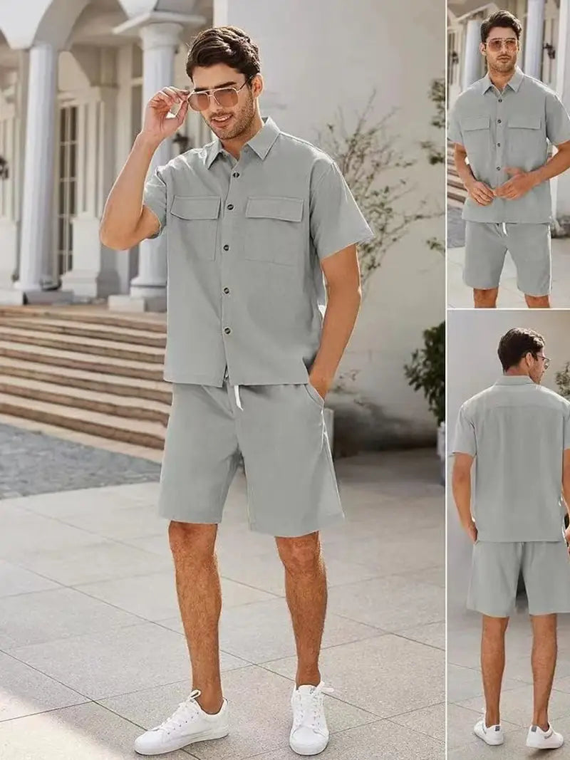 Summer Suits Men Short Sleeve Lapel Pockets Shirt And Drawstring Shorts