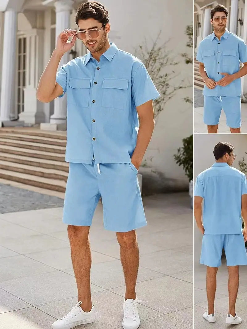 Summer Suits Men Short Sleeve Lapel Pockets Shirt And Drawstring Shorts