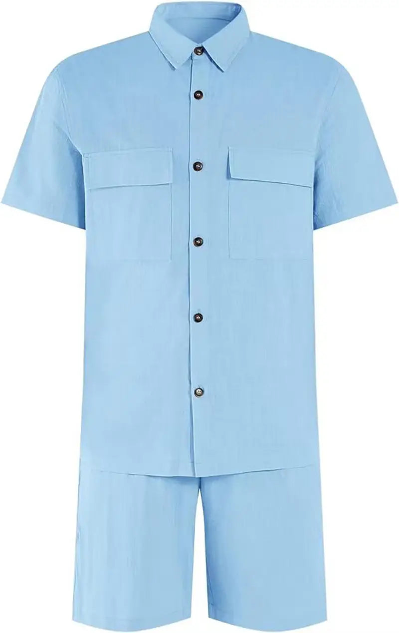 Summer Suits Men Short Sleeve Lapel Pockets Shirt And Drawstring Shorts