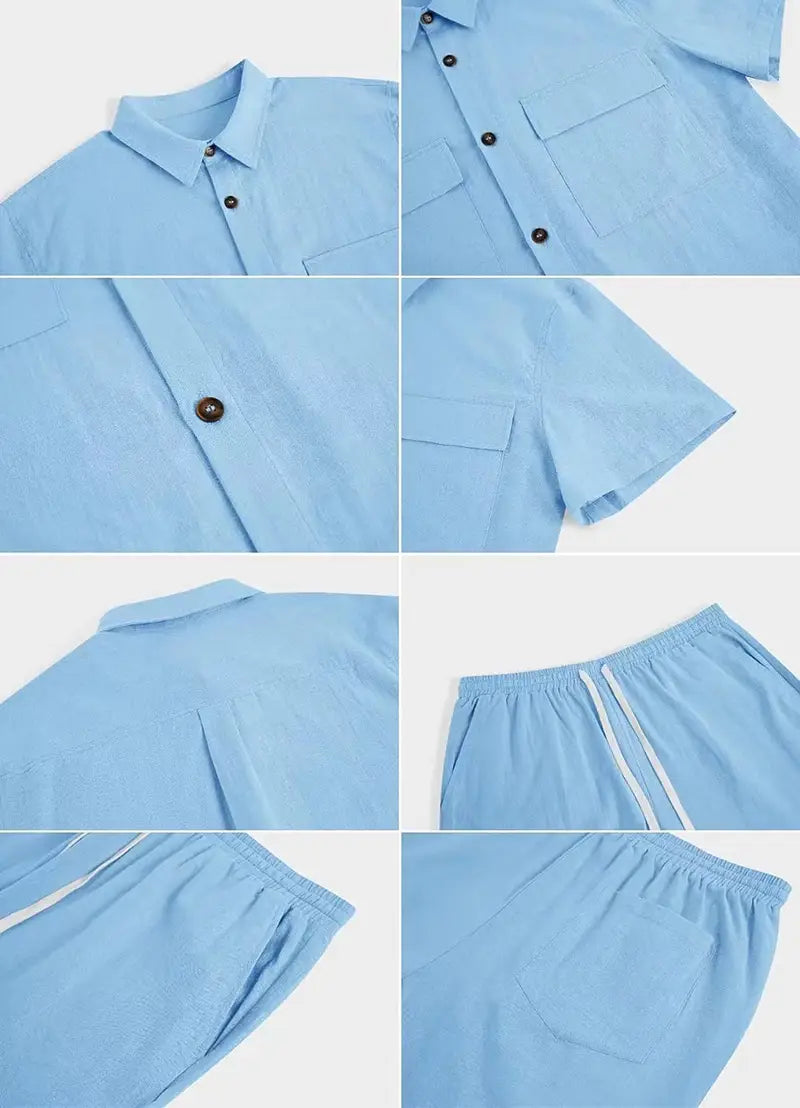 Summer Suits Men Short Sleeve Lapel Pockets Shirt And Drawstring Shorts