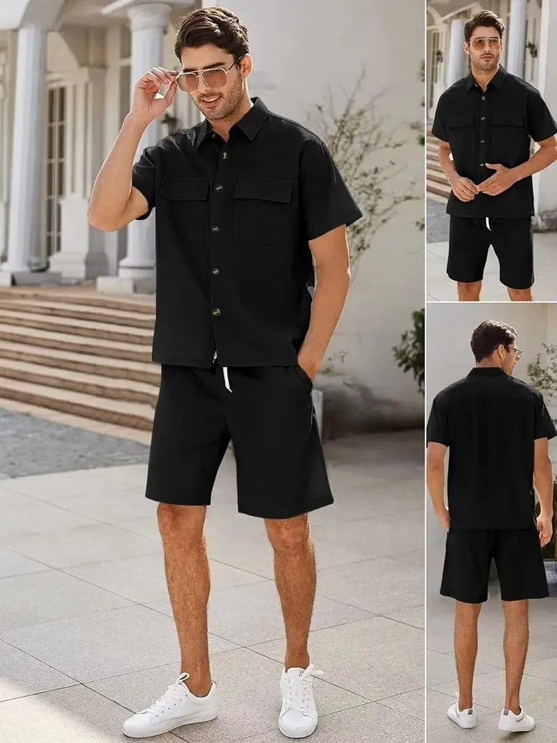 Summer Suits Men Short Sleeve Lapel Pockets Shirt And Drawstring Shorts
