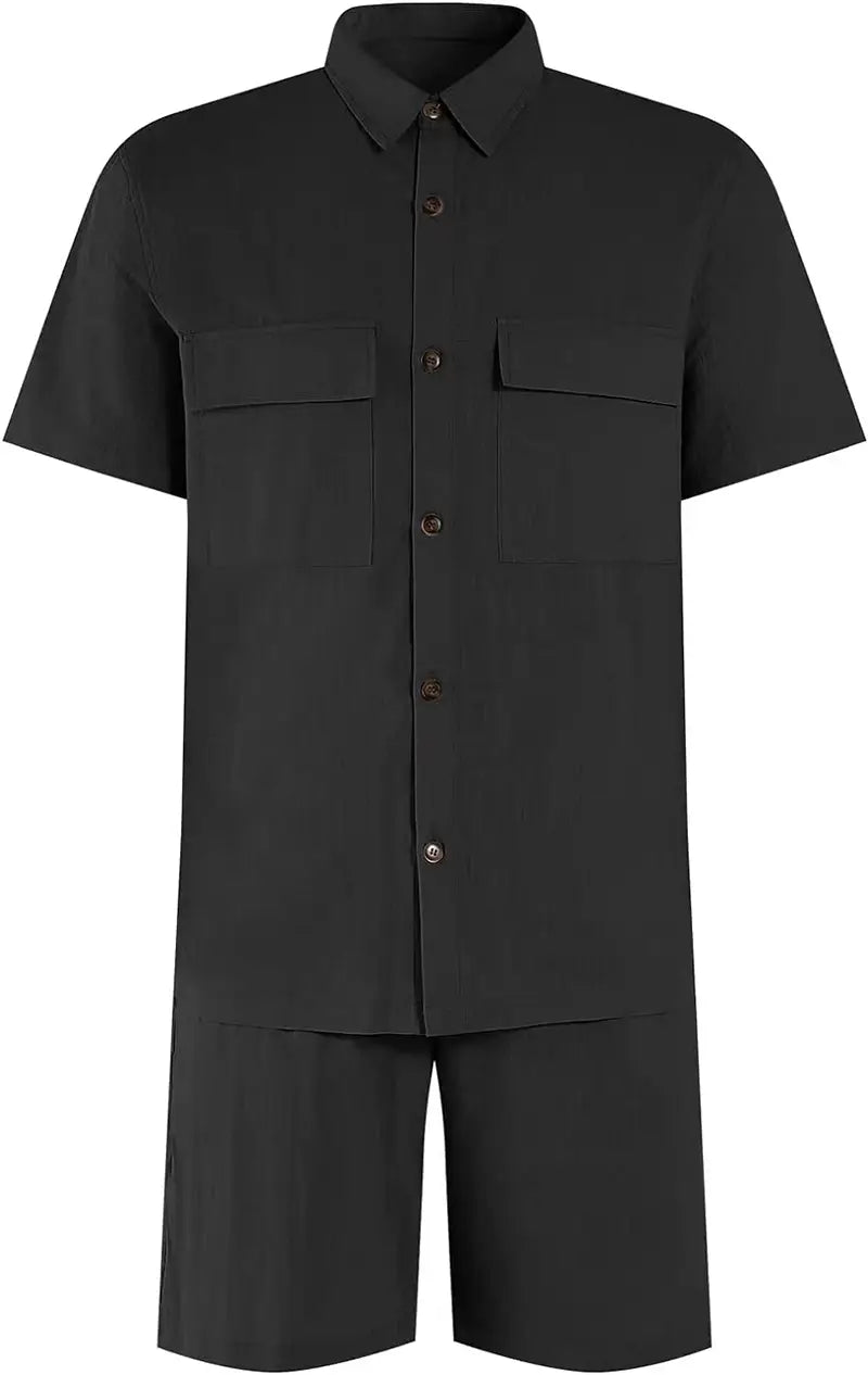 Summer Suits Men Short Sleeve Lapel Pockets Shirt And Drawstring Shorts