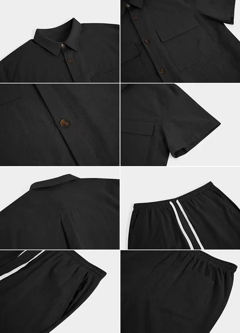 Summer Suits Men Short Sleeve Lapel Pockets Shirt And Drawstring Shorts
