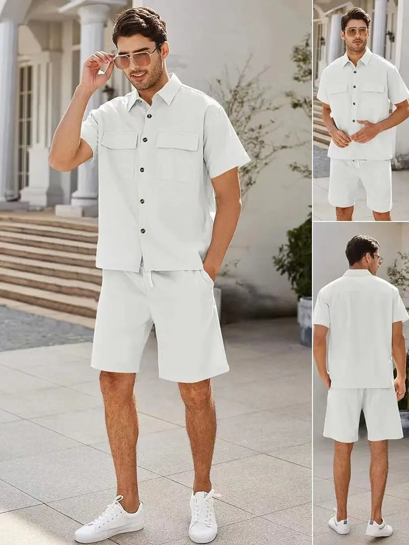 Summer Suits Men Short Sleeve Lapel Pockets Shirt And Drawstring Shorts