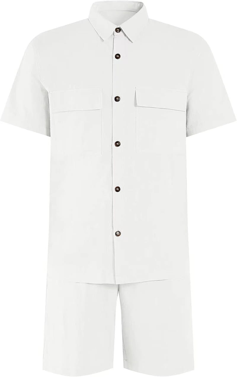 Summer Suits Men Short Sleeve Lapel Pockets Shirt And Drawstring Shorts