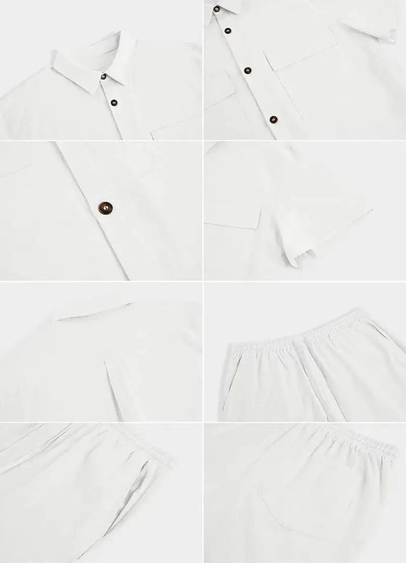 Summer Suits Men Short Sleeve Lapel Pockets Shirt And Drawstring Shorts