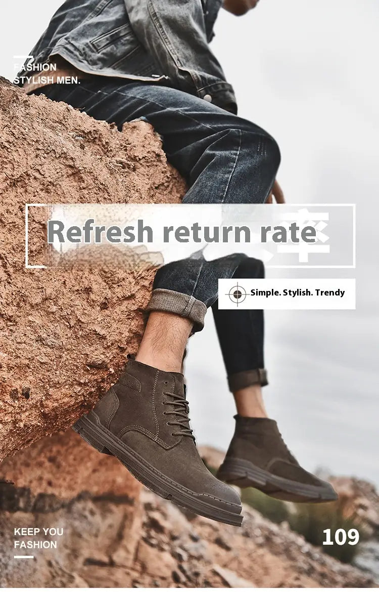 Round Toe Top Layer Cowhide Casual Men’s Leather Boots