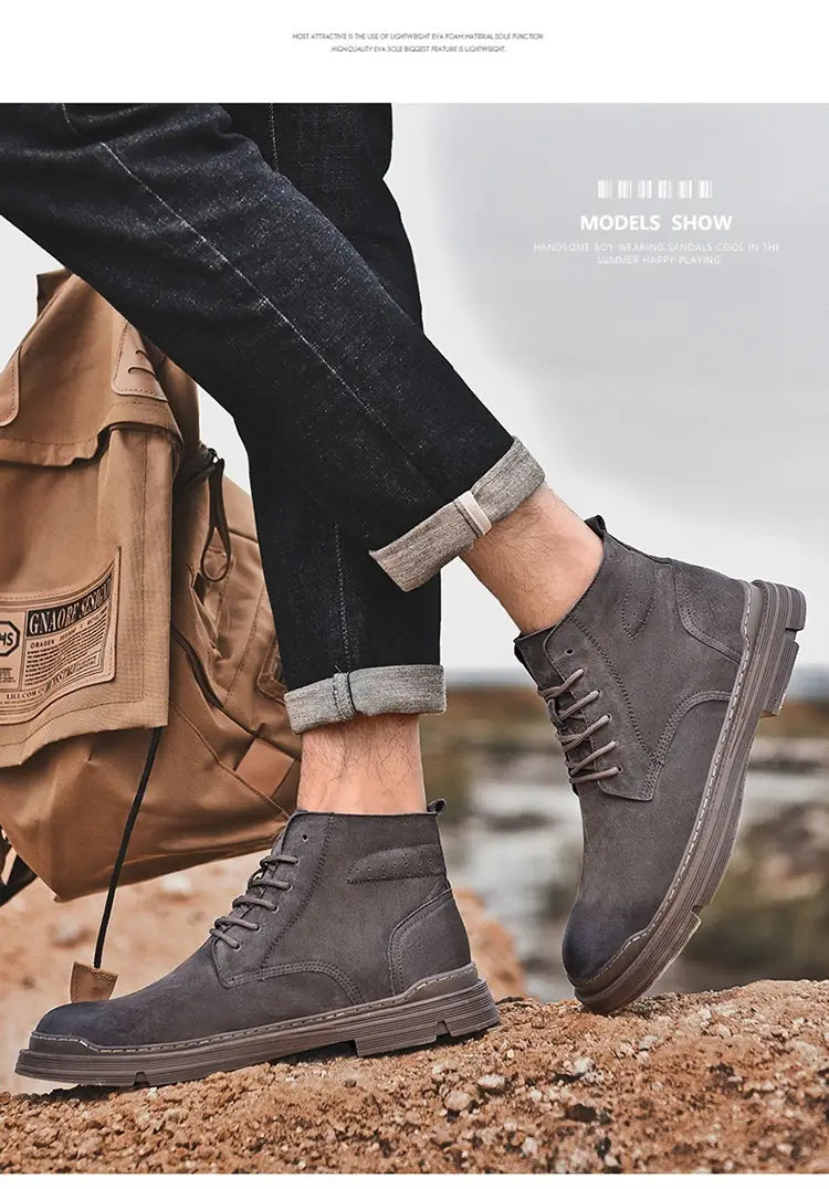 Round Toe Top Layer Cowhide Casual Men’s Leather Boots