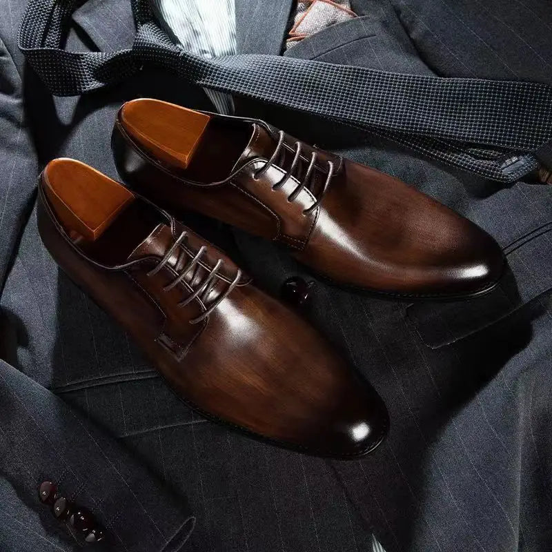 Men’s Leather Shoes Breathable Lace Up Hand-rub Color