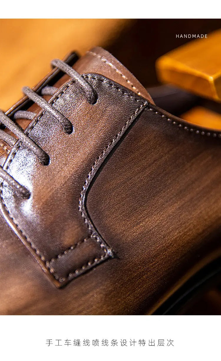 Men’s Leather Shoes Breathable Lace Up Hand-rub Color