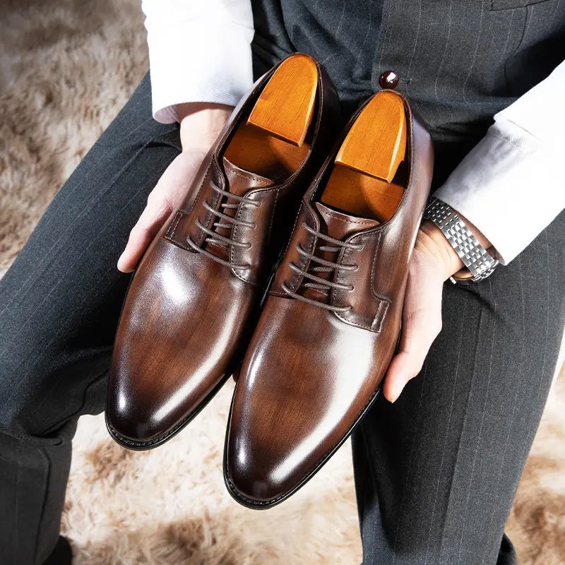 Men’s Leather Shoes Breathable Lace Up Hand-rub Color