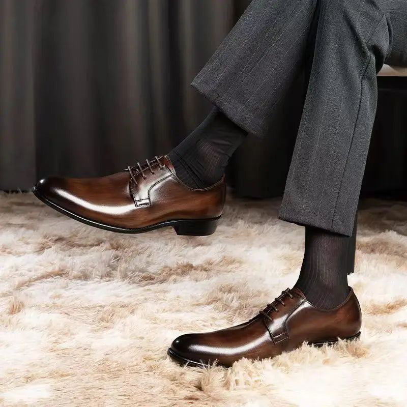 Men’s Leather Shoes Breathable Lace Up Hand-rub Color