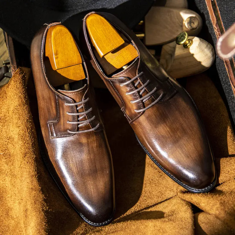 Men’s Leather Shoes Breathable Lace Up Hand-rub Color