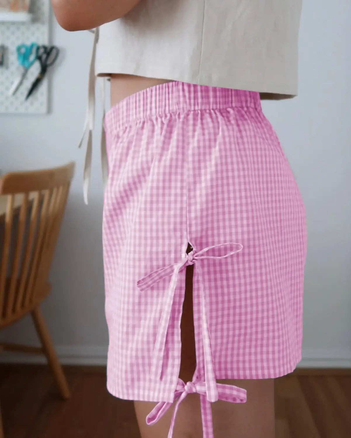 Loose Plaid Print Shorts With Lace-up Design Summer Fashion Y2K Elastic Band Pants For Women