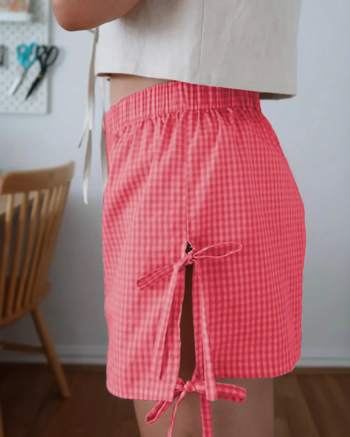 Loose Plaid Print Shorts With Lace-up Design Summer Fashion Y2K Elastic Band Pants For Women