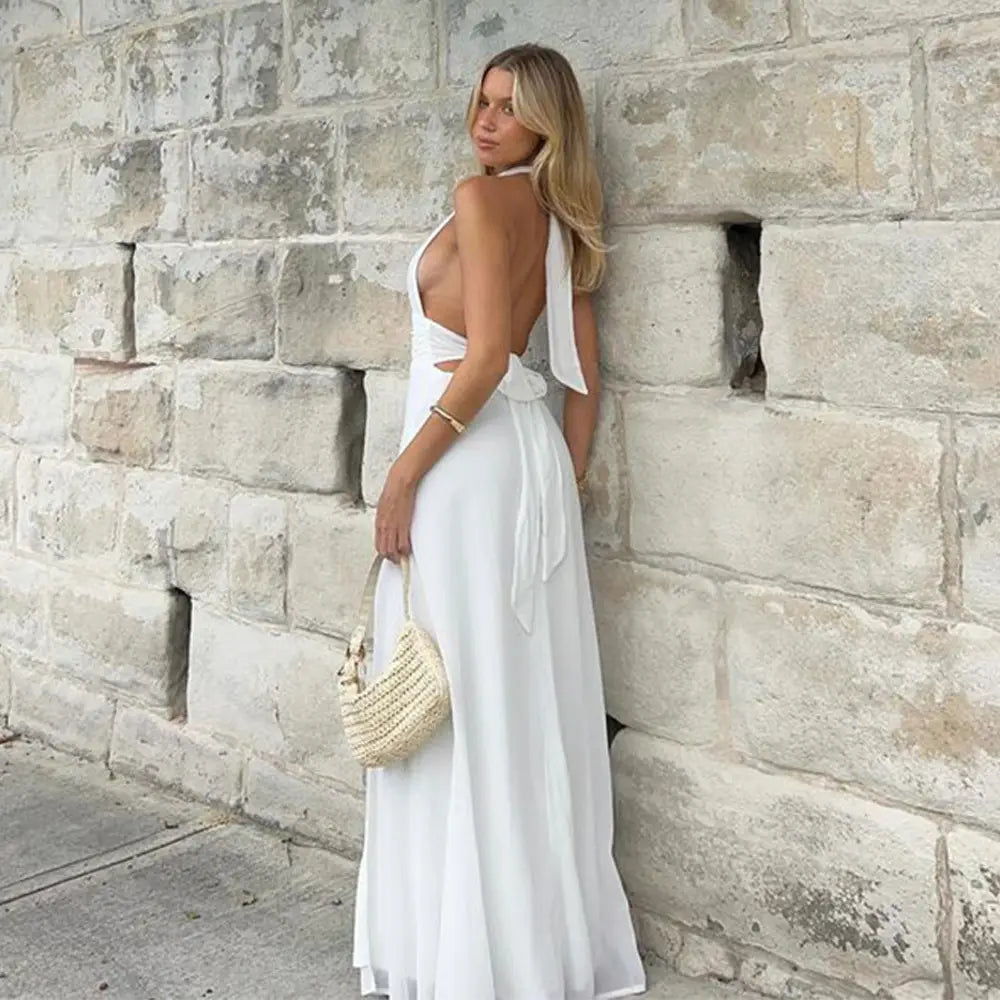 Sexy Halterneck V-neck Slit Dress Summer Backless Strappy Skirt Fashion Temperament Clothing Women