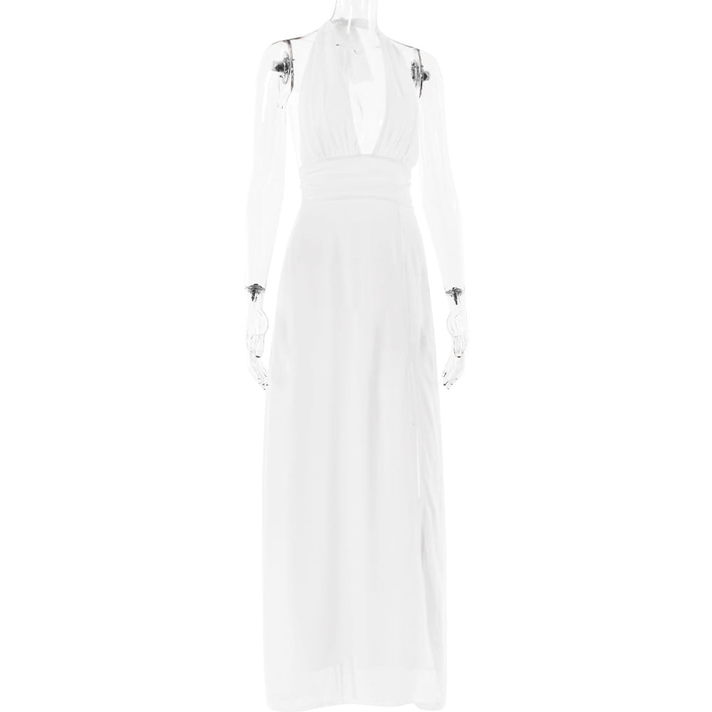 Sexy Halterneck V-neck Slit Dress Summer Backless Strappy Skirt Fashion Temperament Clothing Women