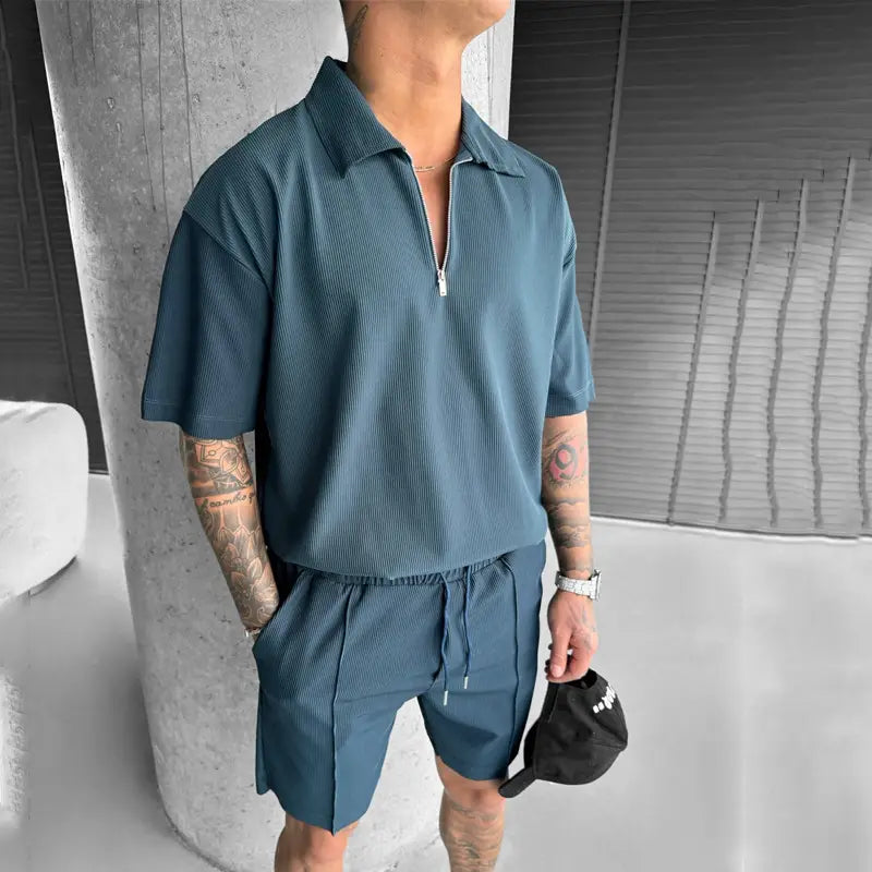 Zipper Polo Casual Short Sleeve Drawstring Shorts Men’s Set