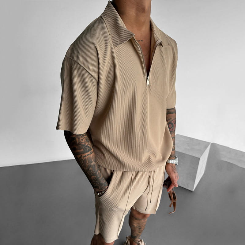 Zipper Polo Casual Short Sleeve Drawstring Shorts Men’s Set