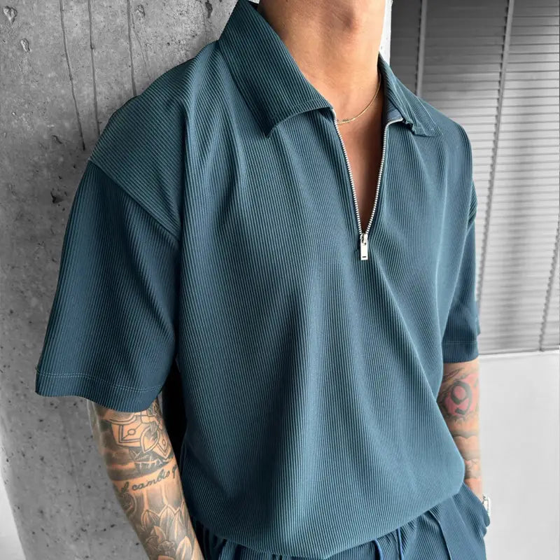 Zipper Polo Casual Short Sleeve Drawstring Shorts Men’s Set