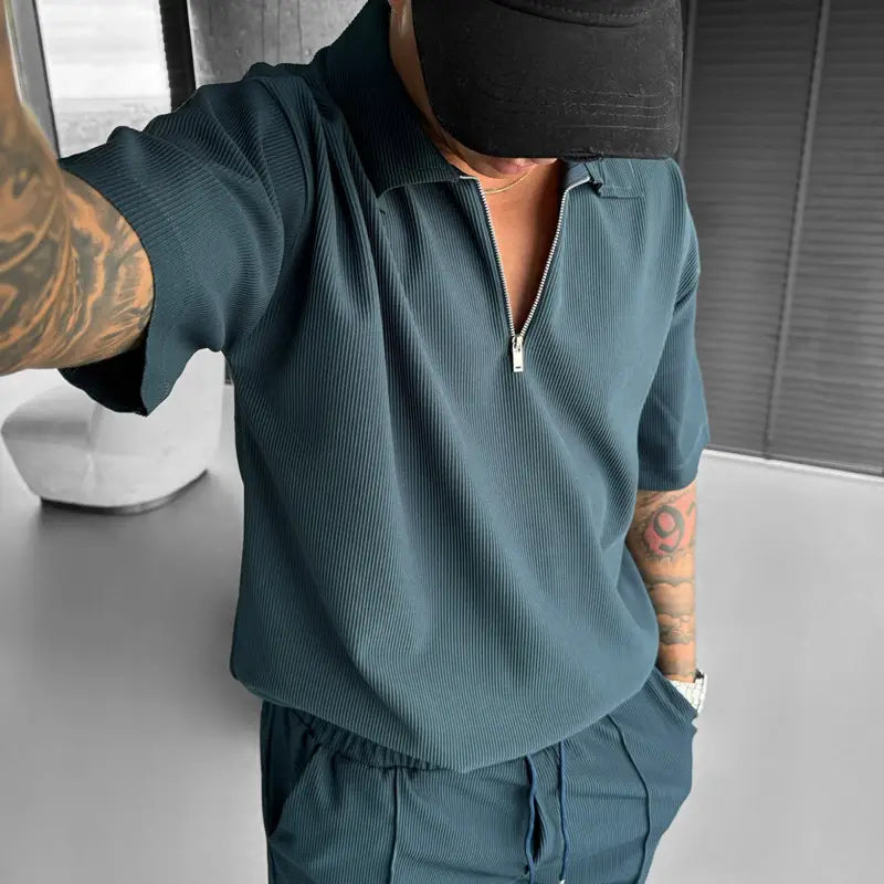 Zipper Polo Casual Short Sleeve Drawstring Shorts Men’s Set