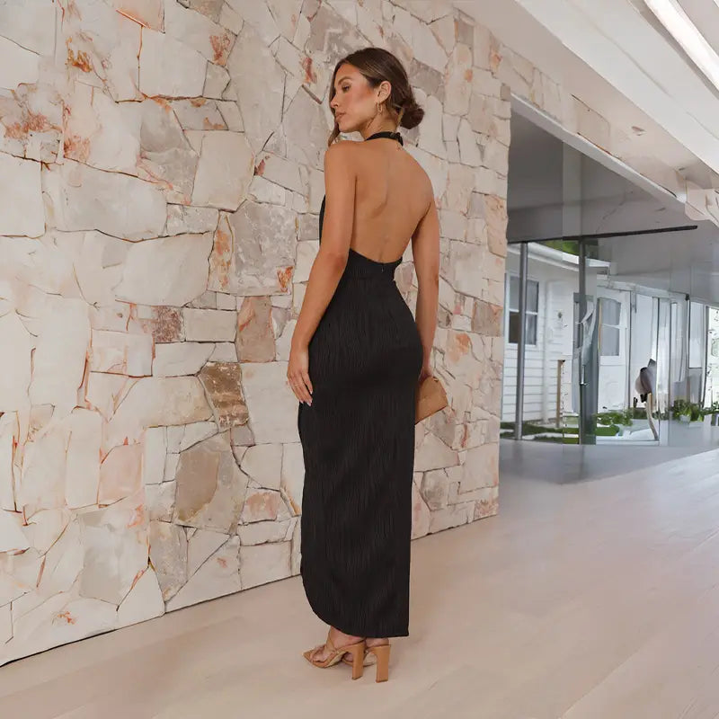 Halter Split Long Dress Summer Slim Fit Backless Dresses Solid High-end Women’s Clothing