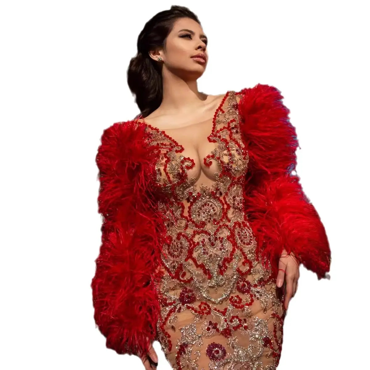 Women Red Feather Long Sleeve Mesh Rhinestone Dress