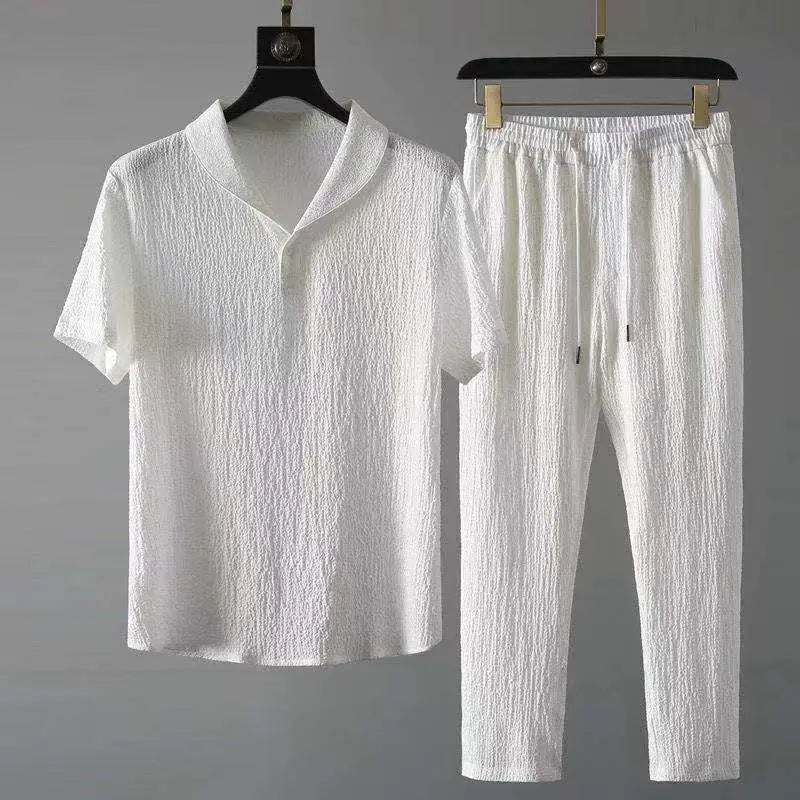 Leisure Suit Summer Loose Short Sleeve Top And Drawstring Trousers Fashion Mens Clothing