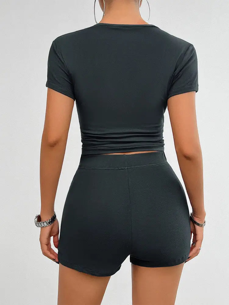 Solid Color Slim Sports Suit Summer 2Pcs Short-sleeved Round Neck T-shirt And Elastic Shorts Fashion Womens Clothing