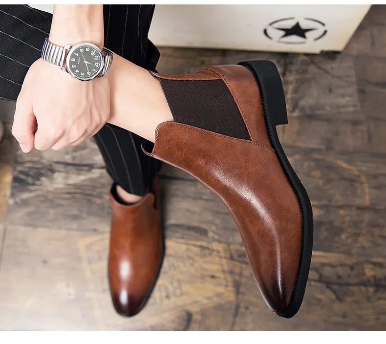 Korean Style Middle High Top Business Formal Wear Plus Size Leather Boots