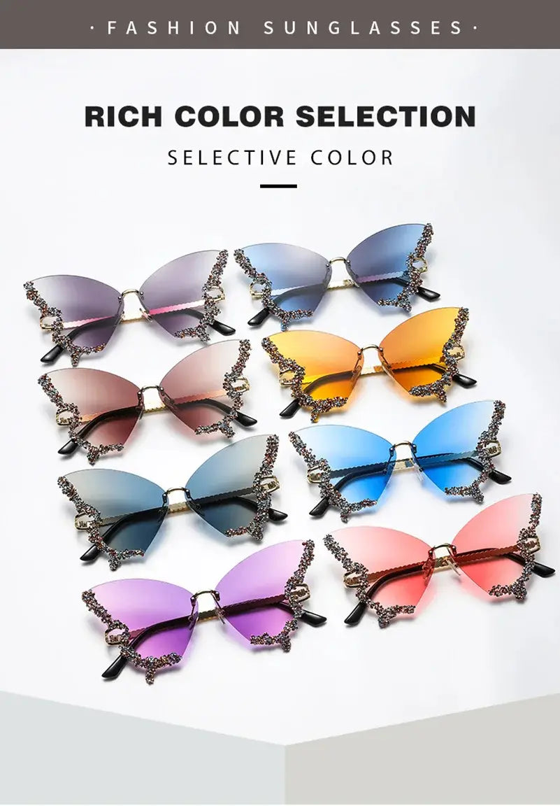 Luxury Diamond Butterfly Sunglasses Women Brand Y2K Vintage Rimless Oversized Sun Glasses Ladies Eyewear Shades