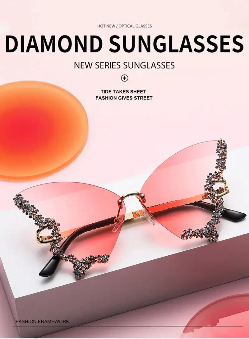 Luxury Diamond Butterfly Sunglasses Women Brand Y2K Vintage Rimless Oversized Sun Glasses Ladies Eyewear Shades
