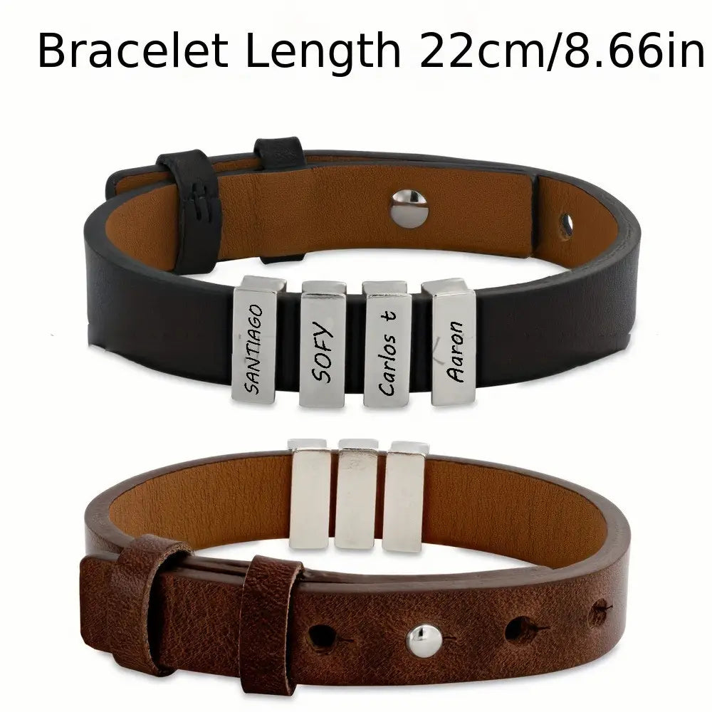 Customized Family Names Bracelet For Men Personalized Engraved Stainless Steel Beads Leather Bracelets Bangle Father’s