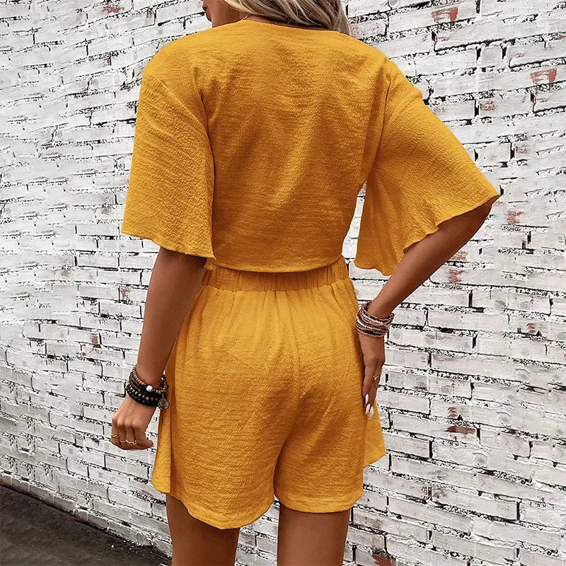 Fashion Loose Suits For Women V-neck Ruffle Sleeve Short-sleeved Top And Shorts Summer Two-piece Set Clothing
