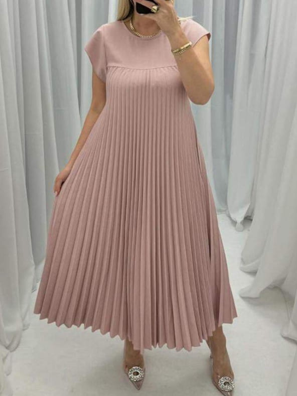 Short Sleeve Pleated Long Dress Summer Round Neck Dress Women’s Clothing