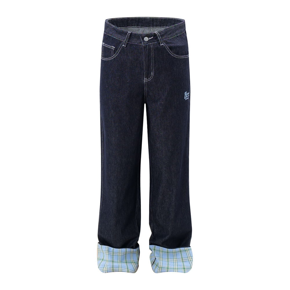 Plaid Flanging Denim Straight-leg Trousers Men