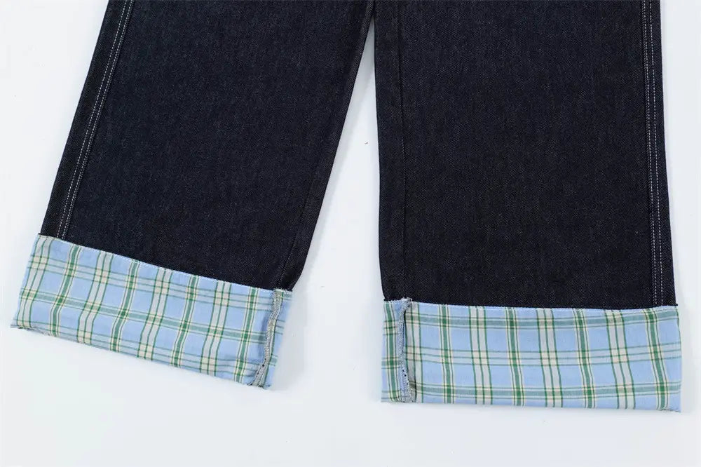 Plaid Flanging Denim Straight-leg Trousers Men