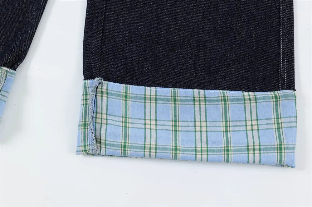 Plaid Flanging Denim Straight-leg Trousers Men