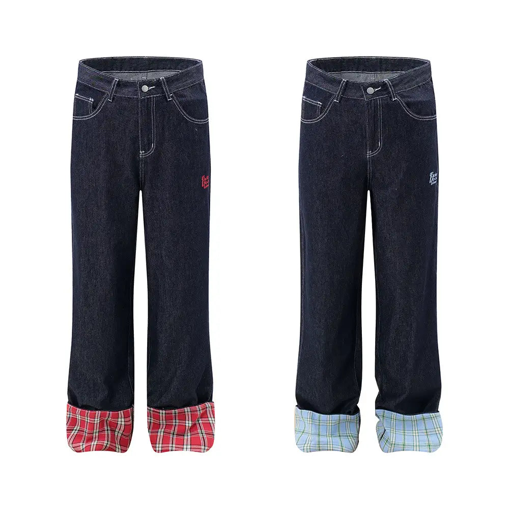 Plaid Flanging Denim Straight-leg Trousers Men