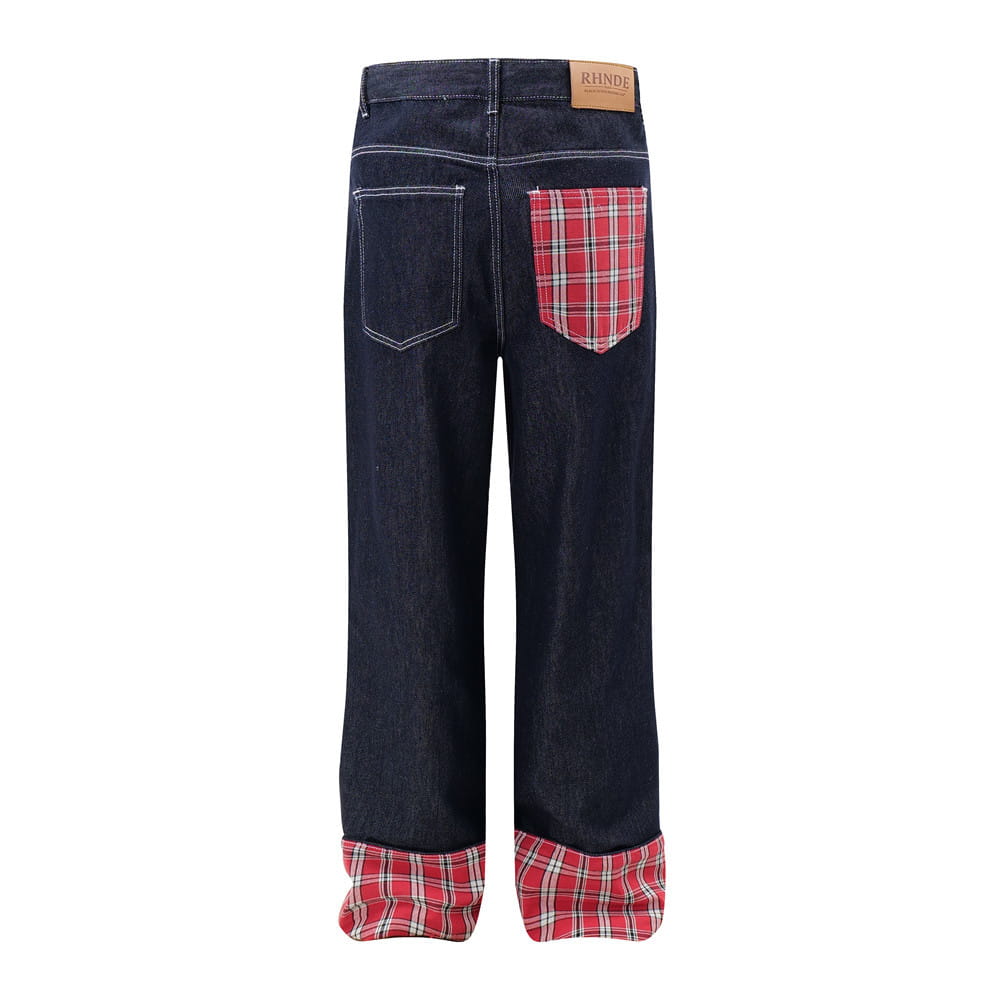 Plaid Flanging Denim Straight-leg Trousers Men