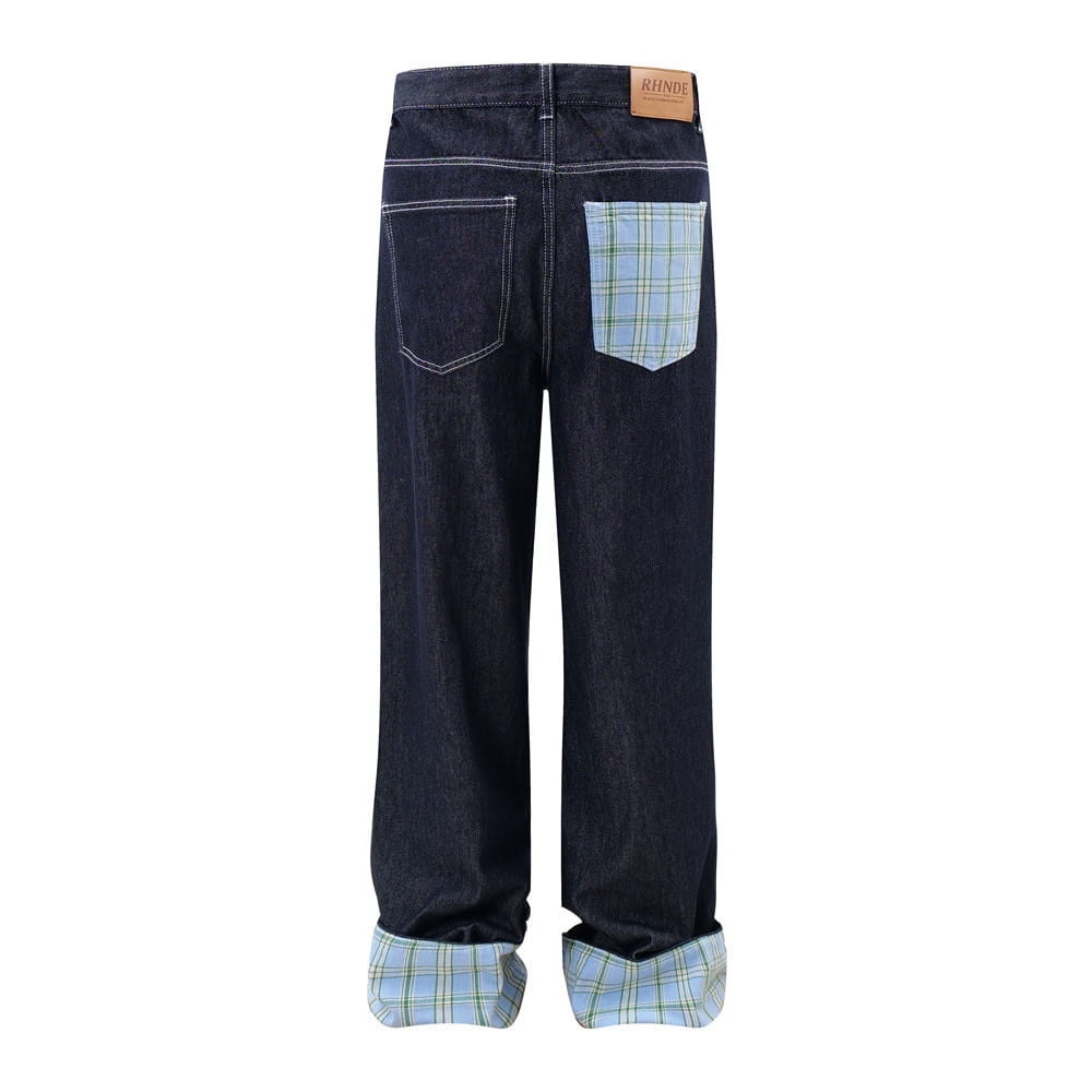 Plaid Flanging Denim Straight-leg Trousers Men