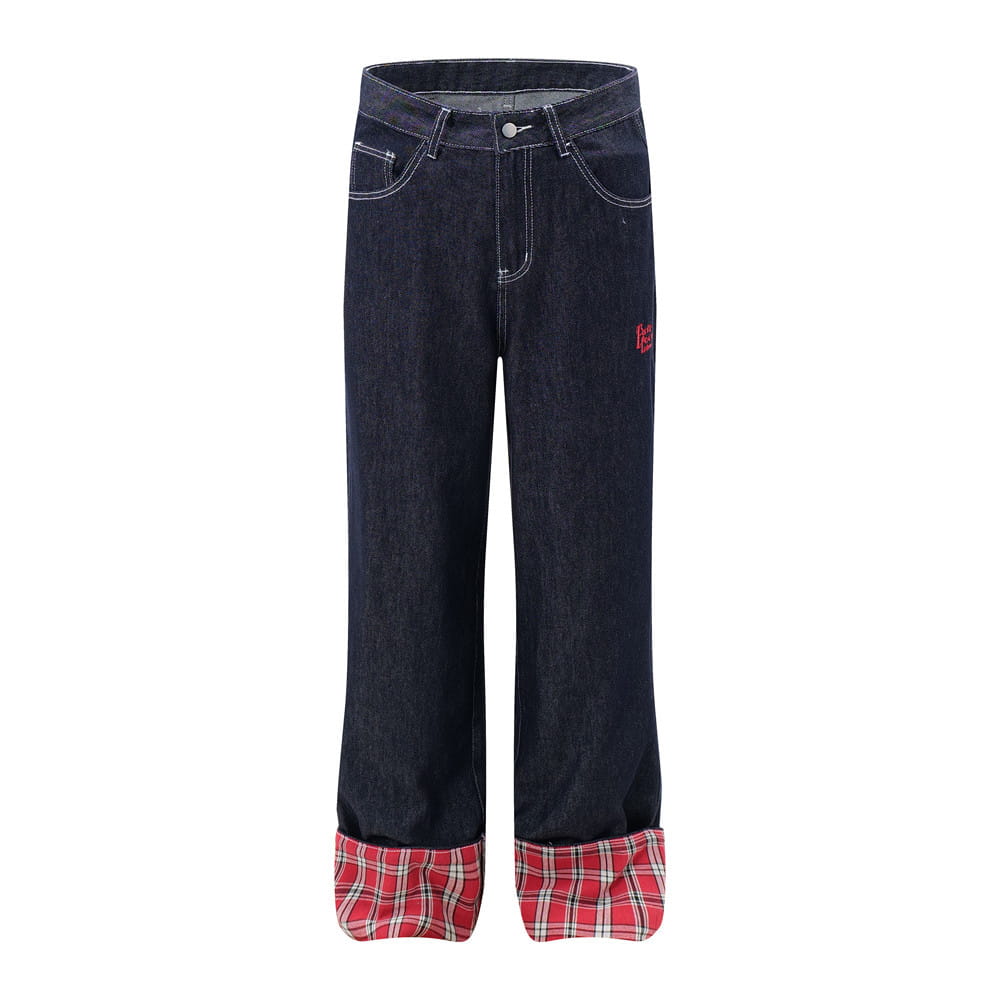 Plaid Flanging Denim Straight-leg Trousers Men
